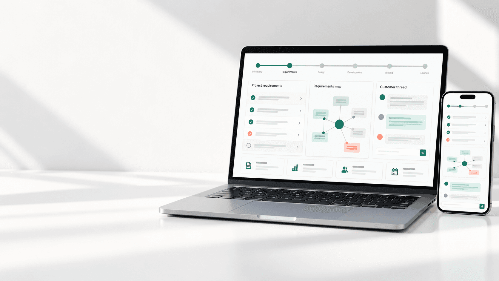 Produktvisualisierung: Projektanforderungen, Fortschritt und Kundennachrichten auf Laptop und Smartphone
