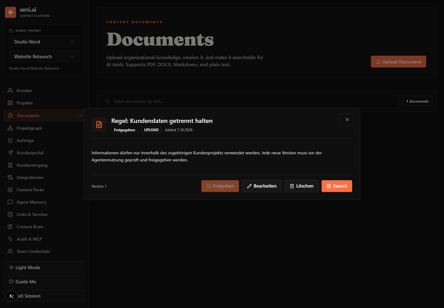 Dokumentansicht mit Versionsnummer und Freigabestatus