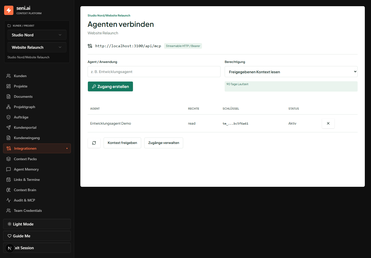 Agentenverbindung mit projektbezogenen Berechtigungen und Zugangsverwaltung