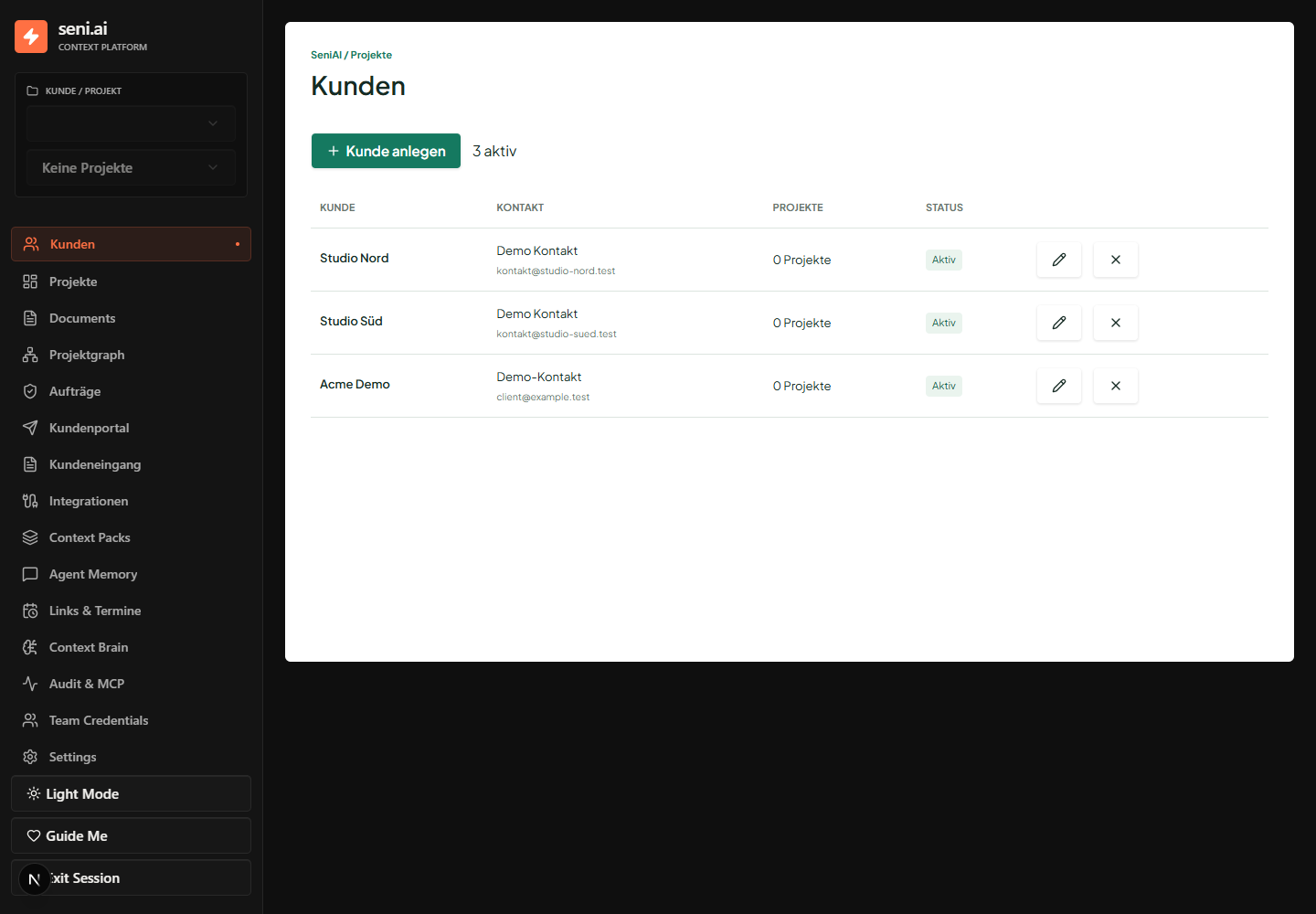 Kundenliste mit Ansprechpartner und zugeordneten Projekten