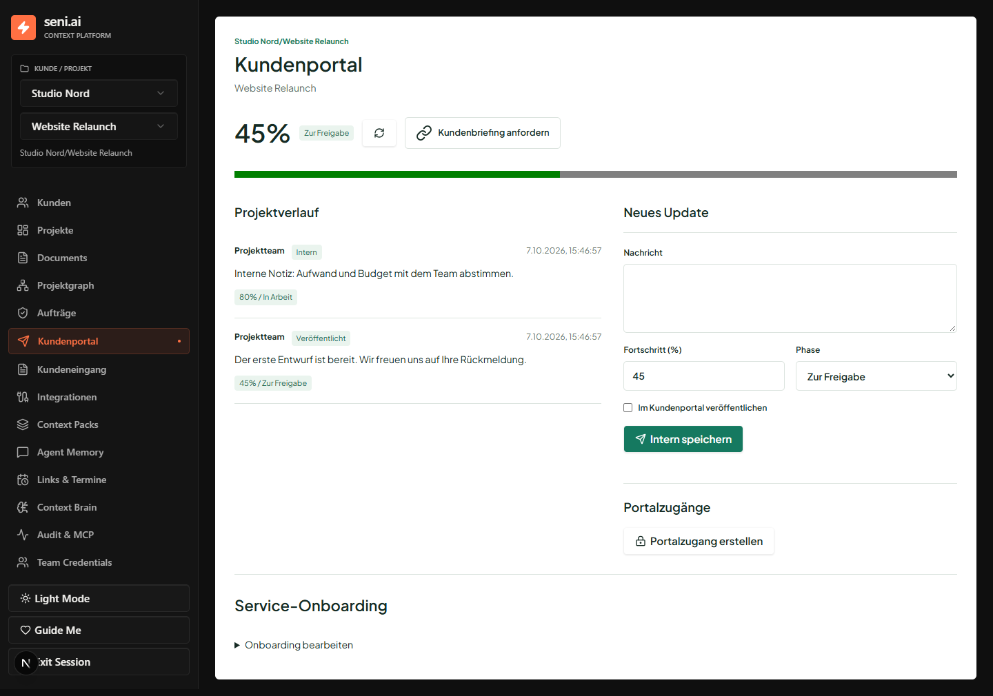 Kundenportal mit veröffentlichtem Fortschritt, interner Notiz und Formular für ein neues Update